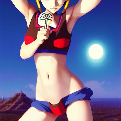 Image similar to beautiful boyish natalie portman gravure model in majora's mask, wearing wooden mask and baseball cap and leotard, street wear with subtle mayan patterns, aztec bathing suit, gapmoe yandere grimdark, trending on pixiv fanbox, painted by greg rutkowski makoto shinkai takashi takeuchi studio ghibli, akihiko yoshida