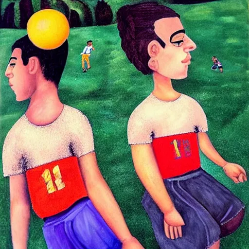 Image similar to boys playing soccer, hot day, parents watching, in style of frida kahlo painting