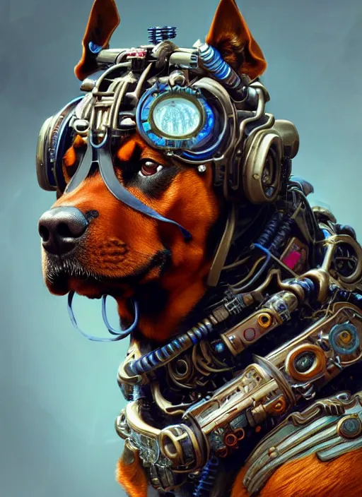 Prompt: portrait of a rottweiler, robot steampunk, floral! horizon zero dawn machine, intricate, elegant, highly detailed, ray tracing, digital painting, artstation, concept art, smooth, sharp focus, illustration, art by artgerm and greg rutkowski and alphonse mucha, 8 k