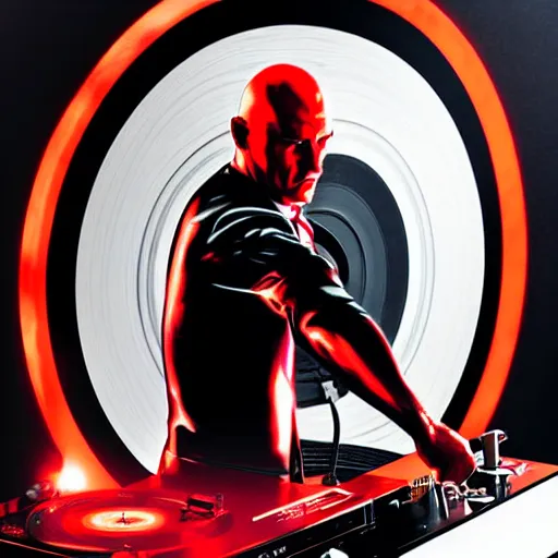 Prompt: a portrait of agent 4 7 placing a record in a record player, black background, red rim light, highly detailed, smooth, sharp focus, art by maciej kuciara