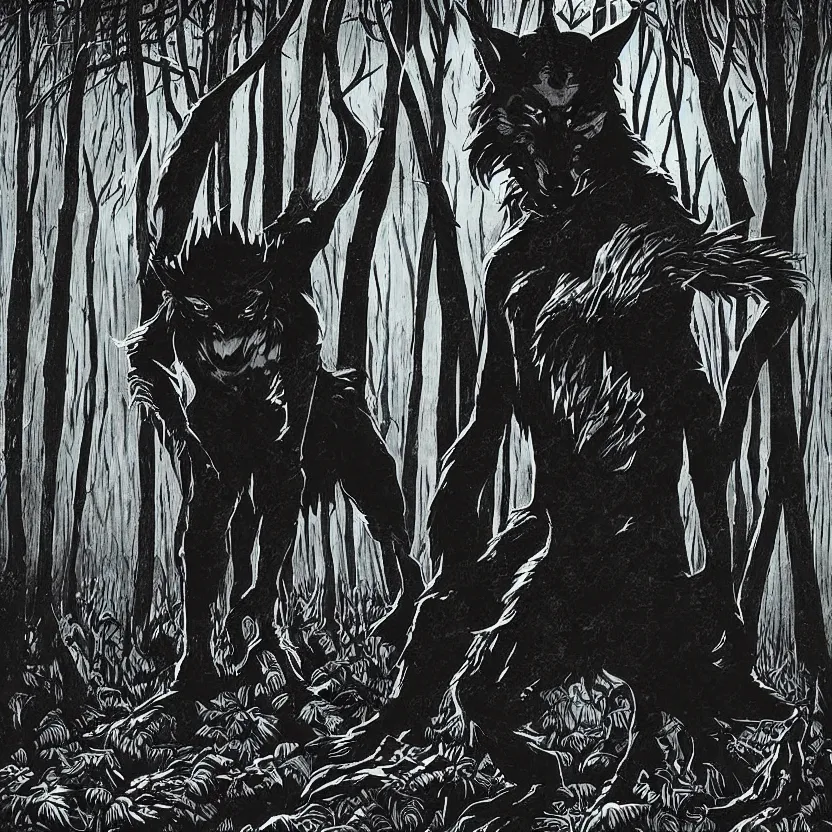 Image similar to werewolf silhouette with many eyes in a dark forest. pulp sci - fi horror art. dark background