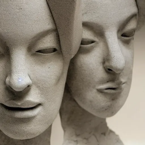 Prompt: surrealism sculpture by enrico ferrarini, faces of the double shadow