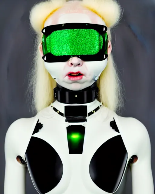 Image similar to symmetrical portrait of an albino woman cyborg wearing a silicone swarovski studded red beauty mask and green hair buns, wearing a black bodysuit armour by alexander mcqueen, cream white background, soft diffused light, biotechnology, humanoid robot, bjork aesthetic, translucent, by rineke dijkstra, intricate details, highly detailed, masterpiece,
