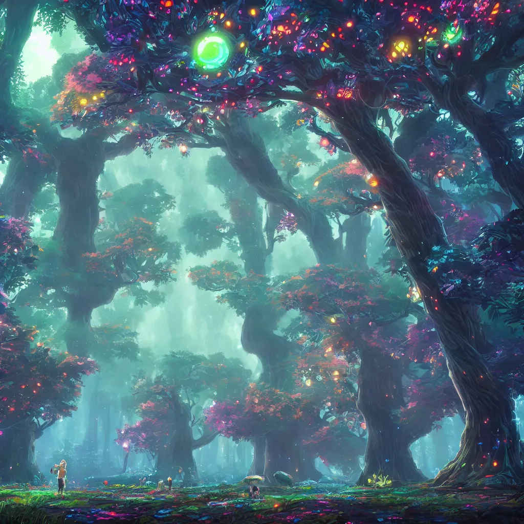 Prompt: huge trees, misty nighttime. radiating colorful energy. photorealistic, moody atmosphere,, holographic undertones, intricate and detailed, highly saturated colors. ori and the blind forest, breath of the wild style, studio ghibli!!!. trending on artstation. award winning, daily deivation