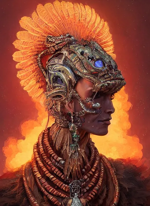 Image similar to an anton pieck portrait of a goddess, 8 k micro details beautiful intricate highly detailed quetzalcoatl skull and feathers. fire, galaxy, artwork by tooth wu and wlop and beeple and greg rutkowski, trending on artstation,