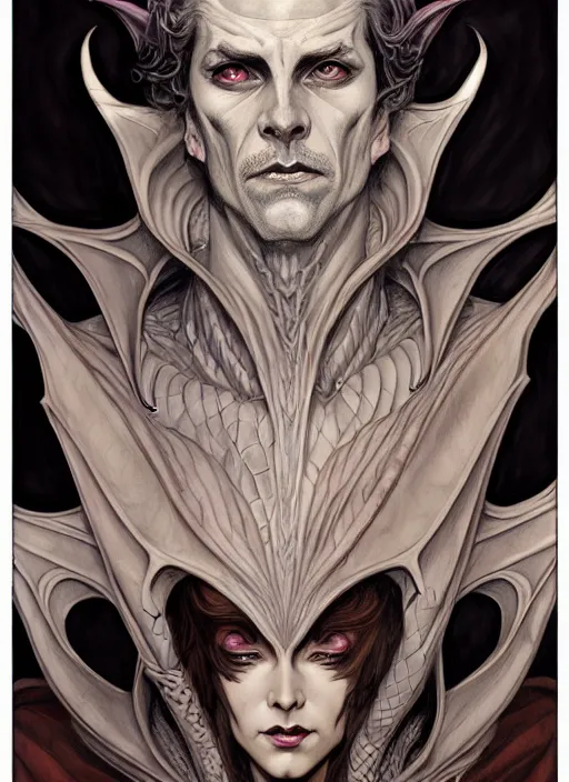 Image similar to an art nouveau, evil dragon man portrait in the style of charlie bowater, and in the style of donato giancola, and in the style of charles dulac. very large, clear, expressive, intelligent eyes. symmetrical, centered, ultrasharp focus, dramatic lighting, photorealistic digital painting, intricate ultra detailed background.