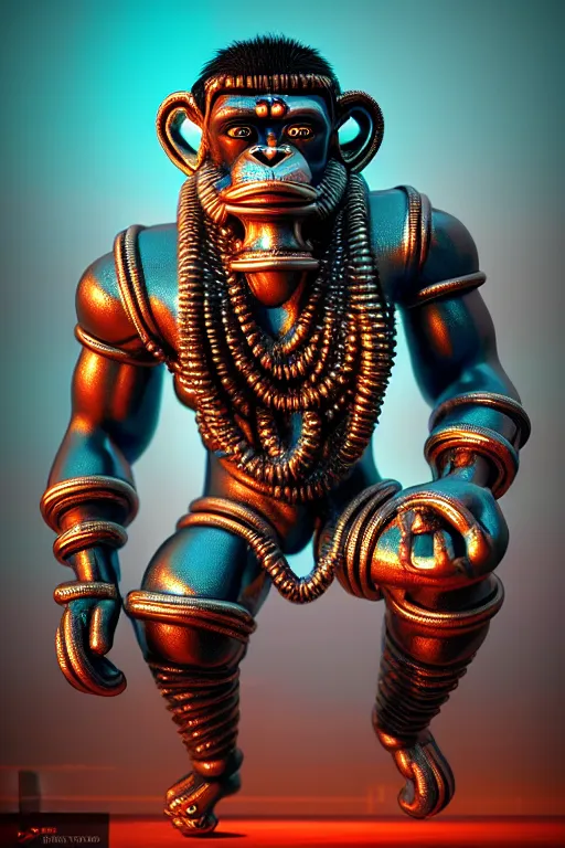 Image similar to high quality 3 d render post - rococo cyberpunk hanuman! head building, neon madhubani, open mouth, highly detailed, in sci - fi mumbai, cinematic smooth unreal engine, lee madgwick & liam wong, dramatic light, low angle, uhd 8 k, sharp focus