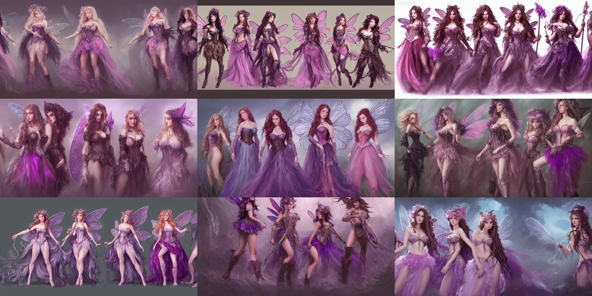 Prompt: wide angle, fantasy, concept art, sharp focus, highly detailed, three brunette fairy women with long hair, illustration, trending on artstation, art by chloe schmid, digital painting, wearing purple corsets and pink tutus