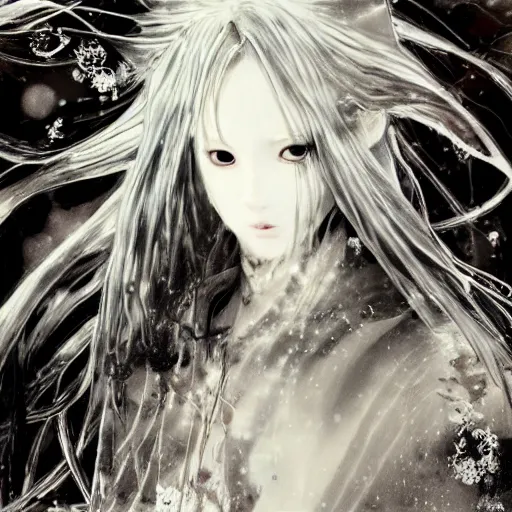 Image similar to Yoshitaka Amano blurred and dreamy illustration of an anime girl with pirate eye patch, wavy white hair and cracks on her face wearing Elden ring armour with the cape fluttering in the wind, abstract black and white patterns on the background, noisy film grain effect, highly detailed, Renaissance oil painting, weird portrait angle