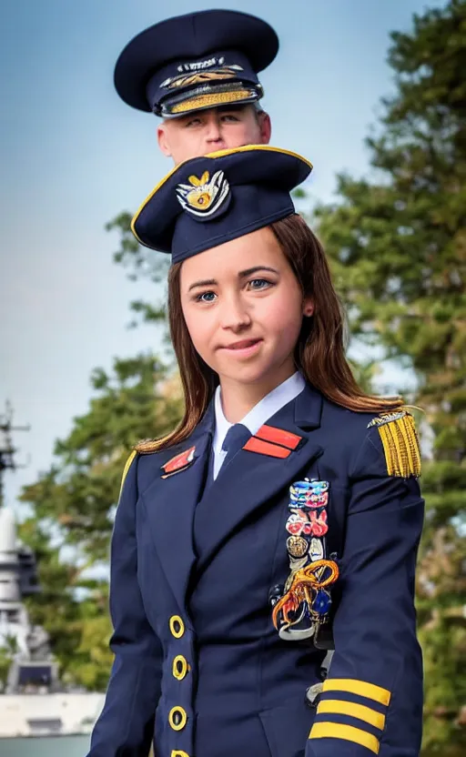Prompt: portrait photo of a girl in admiral uniform, military naval port in the background, highly detailed, high resolution, cosplay photo, stunning, promotional video of the armed forces, bokeh soft, 100mm, realistic warship design, trending on instagram, by professional photographer, realistic human anatomy, real human face, admiral clothing, modern naval warfare, realistic guns, photo shot with a arriflex 35 ii, low saturation, hard surfaces