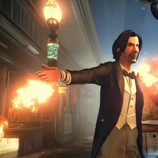 Image similar to screenshot from bioshock infinite, keanu reeves