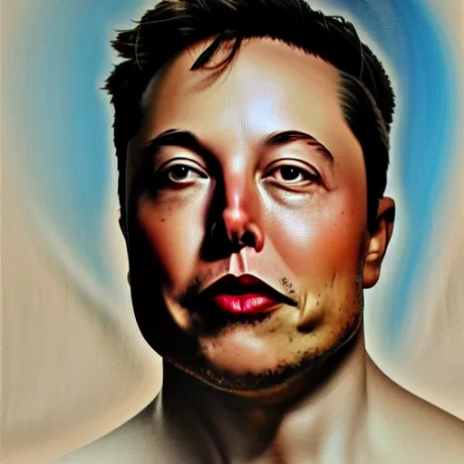 Image similar to Oil Painting of Elon Musk as Cleopatra, sitting on a cloud, ethereal, concept art, hyper realism, sharp focus