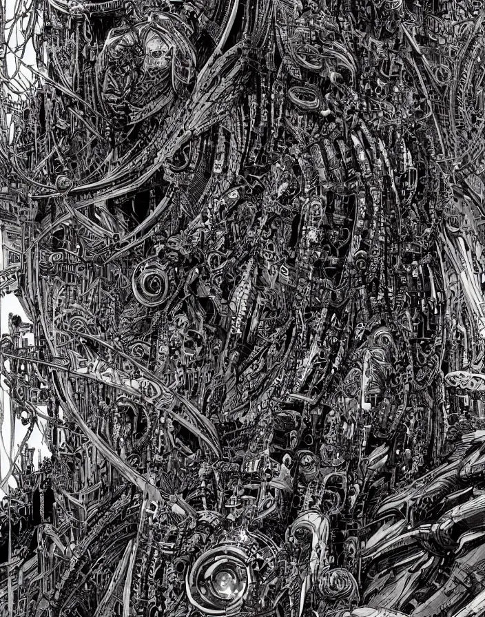 Image similar to hyper detailed industraial & utility by philippe druillet