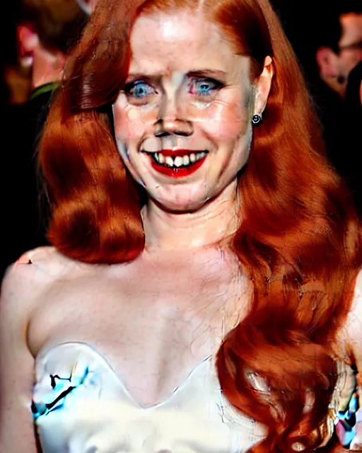 Image similar to style of swoon : : gorgeous vampire amy adams : : sharp teeth fangs, open mouth sneer : : symmetrical face, symmetrical eyes : : gorgeous red hair : : magic lighting, low spacial lighting : :