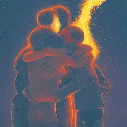 Image similar to “A family hugging each other for the last time as the world is ending, meteors are falling from the sky, everything is on fire, dramatic lighting, digital art, very very very very very very beautiful, 8K, dark lighting, trending on Artstation, award winning”