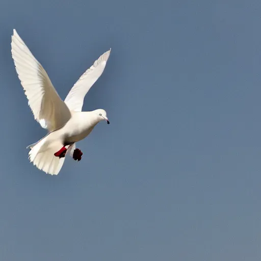 Prompt: photograph of a white dove flying through a warzone