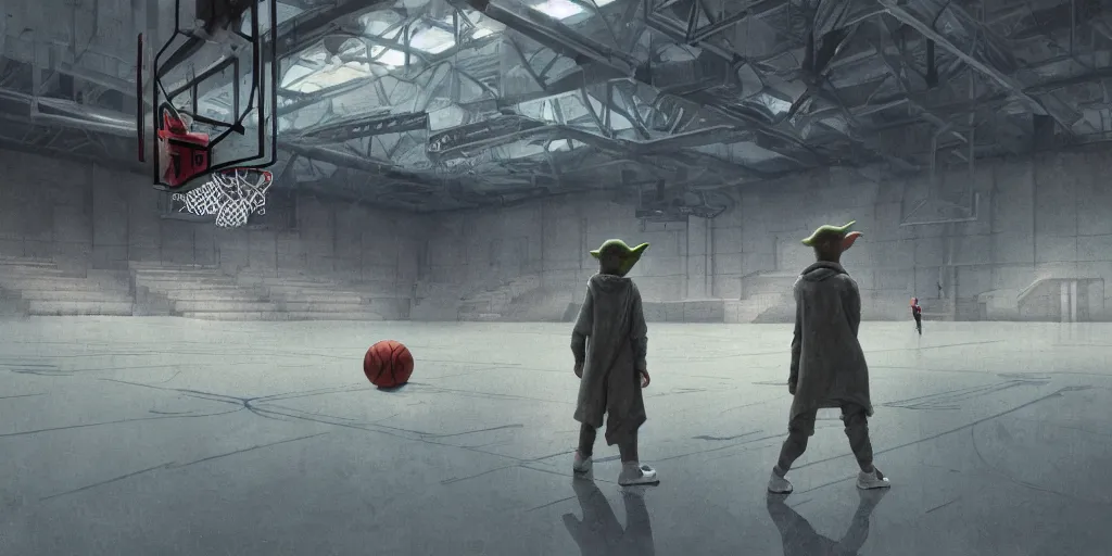 Prompt: Yoda in empty outrood basketball court in New York during christmas, looking at his Air Jordan 1 shoes, trending in artstation, octane render, highly detailed concept art by greg rutkowski