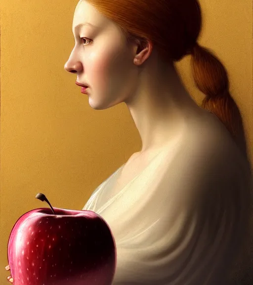 Prompt: portrait of an apple sitting upon a table with heightened detail, poised, intense emotion, detailed facial expression, detailed surroundings, intricate, elegant, highly detailed, centered, digital painting, artstation, concept art, smooth, sharp focus, illustration, by ( leonardo da vinci ), wlop