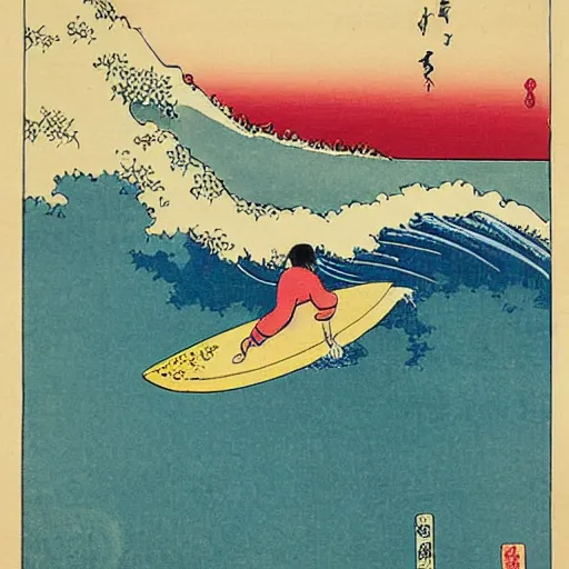 Image similar to girl surfing, woodblock print, style of hokusai, fine art, style of kanagawa, painting