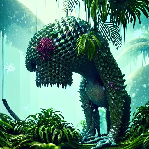 Prompt: creature in a lush tropical vegetation, snow snow snow crystal crystal crystal refraction ice ice ice : : by michal karcz, daniel merriam, victo ngai and guillermo del toro : : ornate, dynamic, particulate, intricate, elegant, highly detailed, centered, artstation, smooth, sharp focus, octane render, 3 d