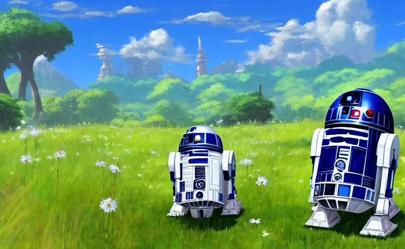 Image similar to R2D2 and Link are traveling together. Fantastic anime sunny meadow with flowers, lone old Oak in the middle plane and mountains on the background, by Hayao Miyazaki, Nausicaa, Ghibli, Breath of the wild, Anime wallpaper