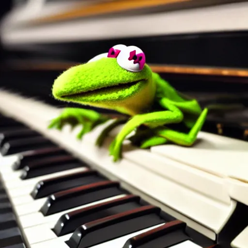 Image similar to Kermit the frog playing a piano concerto on a grand piano close up 4k hd