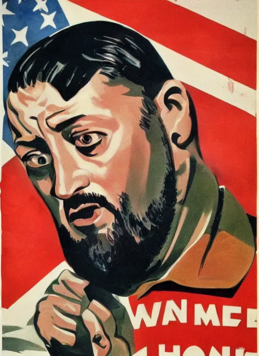 Image similar to Portrait Jean Reno gesture,look of hate, threatening pose, 1940s propaganda poster, full hd,highly detailed