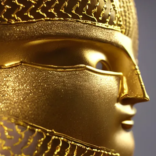 Prompt: a venecian gold mask, intricate details, close up photo, ultra realistic, studio photo, bokeh.
