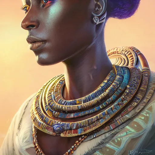 Prompt: highly detailed portrait of an african egyptian goddess, intricate alien technology, stephen bliss, unreal engine, fantasy art by greg rutkowski, loish, rhads, ferdinand knab, makoto shinkai and lois van baarle, ilya kuvshinov, rossdraws, tom bagshaw, global illumination, radiant light, detailed and intricate environment