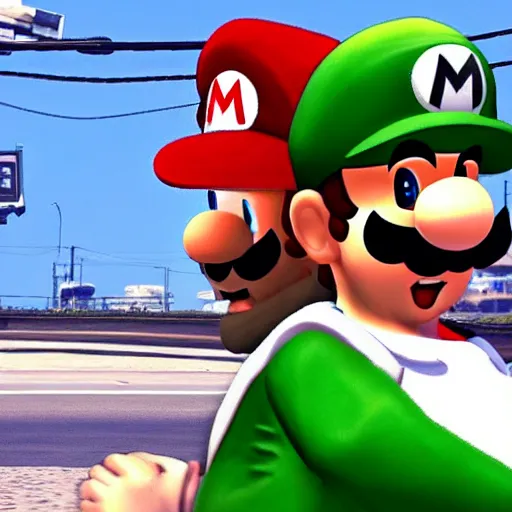 Image similar to Mario and Luigi as gangster in GTA 5 unreal engine 5 8k insane level of detail