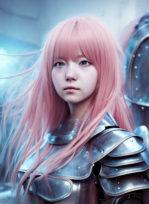Prompt: a masterpiece hyperrealistic ultradetailed closeup photograph of a lifelike real human anime girl wearing steel plate armor, surrounded by clutter and mess, made by wlop, trending on artstation, pink hairs, dreamy, k - pop, sad, photoreal image, rendered, unreal engine 5, extremely detailed, sharp focus, 4 k