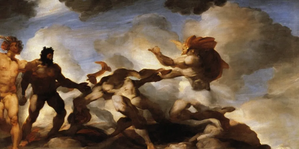 Prompt: zeus vs odin by francisco goya, detailed mythological painting, oil painting