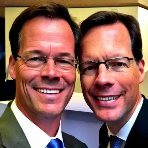 Prompt: a selfie of Mark Rutte shoulder to shoulder with Klaus Schwab