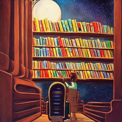 Image similar to panting of book store in space