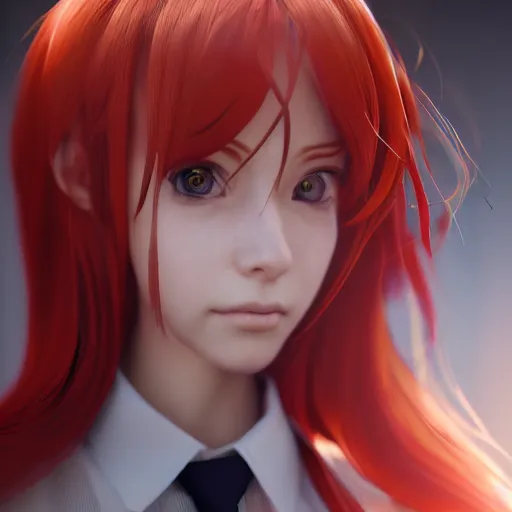 Prompt: intricate highly detailed face portrait of red - haired anime woman, school uniform, intricate, cgsociety, unreal engine, octane render, sharp focus, smooth, volumetric lighting, cinematic composition, artstation