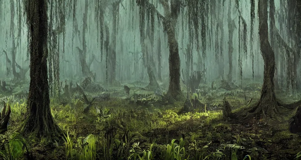 Image similar to A dense and dark enchanted forest with a swamp, from Warcraft