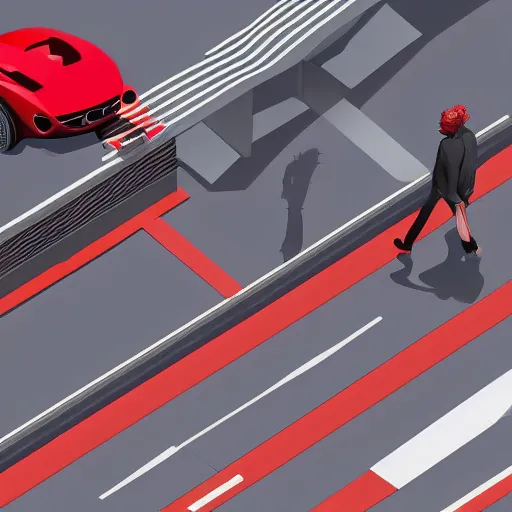 Image similar to man with a red jacket. walking towards a red futuristic racing motorbike on a wide road. isometric isometric view, wide angle, pencil drawing, photo realistic, hyper realistic, dramatic lighting, cyberpunk, ultra detailed, sharp focus, digital illustration, trending on artstation