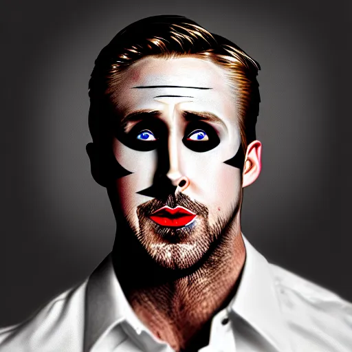 Prompt: ryan gosling with his face painted black and his lips painted red wearing a white shirt, digital art, highly detailed