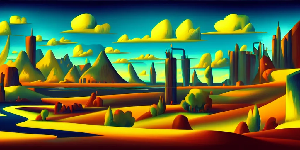 Prompt: a cartoon night landscape game background in art deco surrealism expressionism, artstation