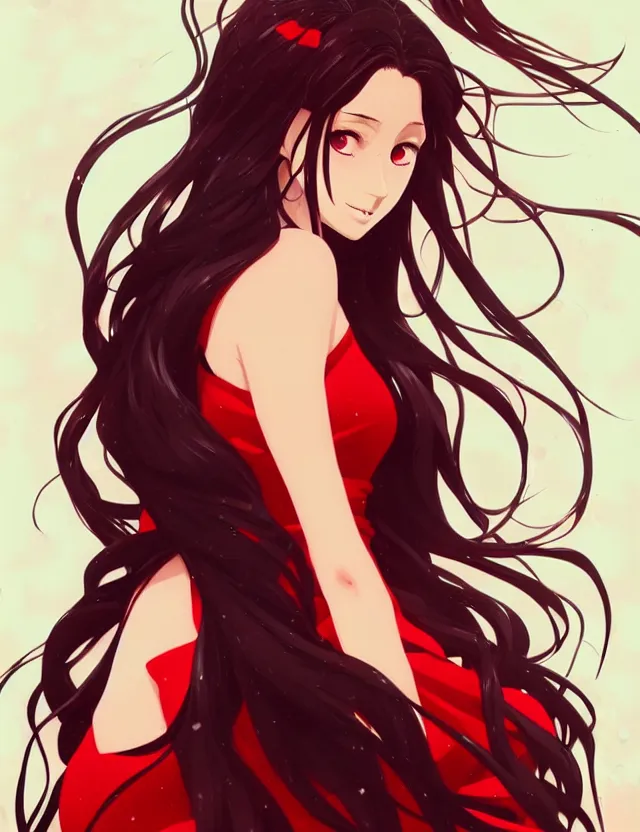 Prompt: a ultradetailed beautiful panting of rin tohsaka with flowing hair, 1 / 4 portrait, black hair, by conrad roset, greg rutkowski and makoto shinkai, rin, red dress, fate, trending on artstation