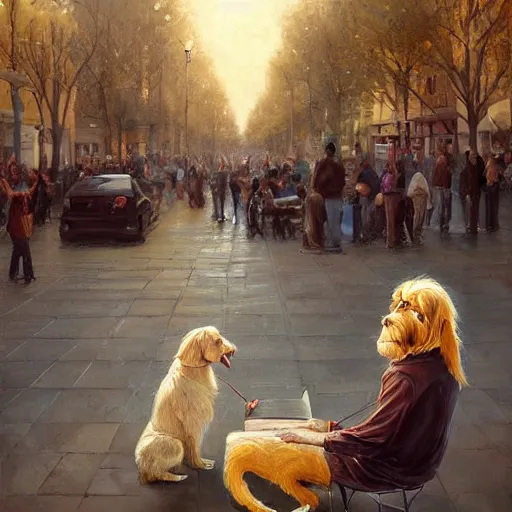 Image similar to oil painting of a young man with long hair blond and a beard hippie style with his golden retrever dog playing piano in the square for money, people watching around, by greg rutkowski, artstation