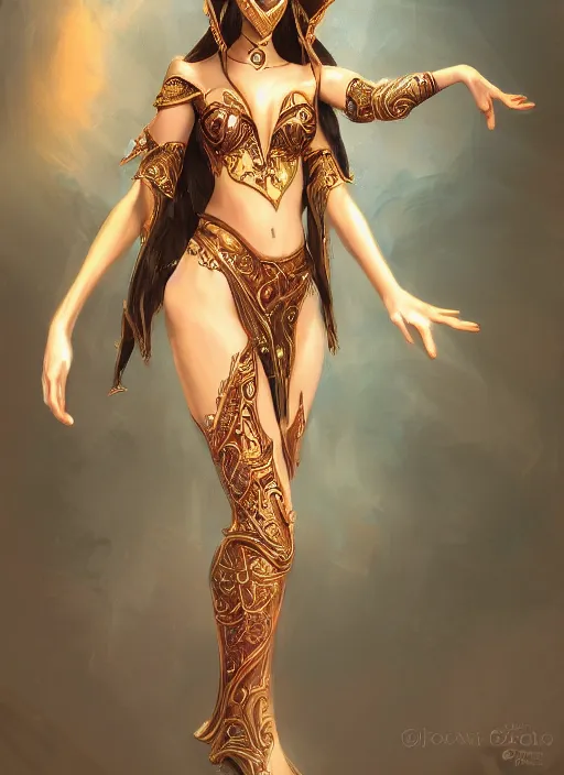 Image similar to a highly detailed illustration of a masked elegant elf arabian dancer, gracefully belly dancing pose, waving arms, intricate, elegant, highly detailed, centered, digital painting, artstation, concept art, smooth, sharp focus, league of legends concept art, WLOP