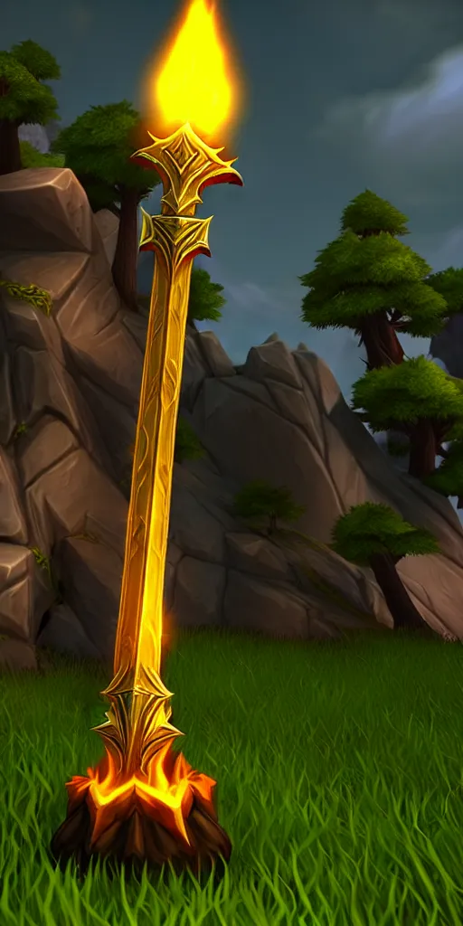 Prompt: world of warcraft 3 d assets : the sword of fire, unreal engine, fantasy, close shot, bright background