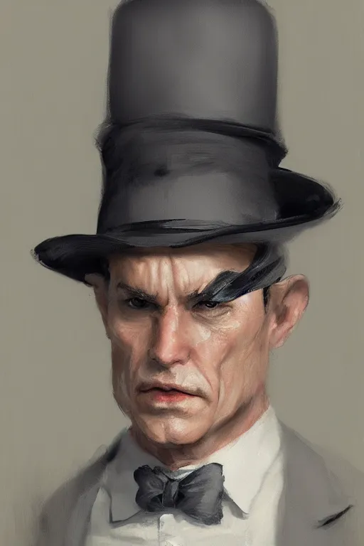 Prompt: a grey hair old halfling top hat and suit no beard by Greg Rutkowski, painting, portrait, HD, high details, trending on artstation