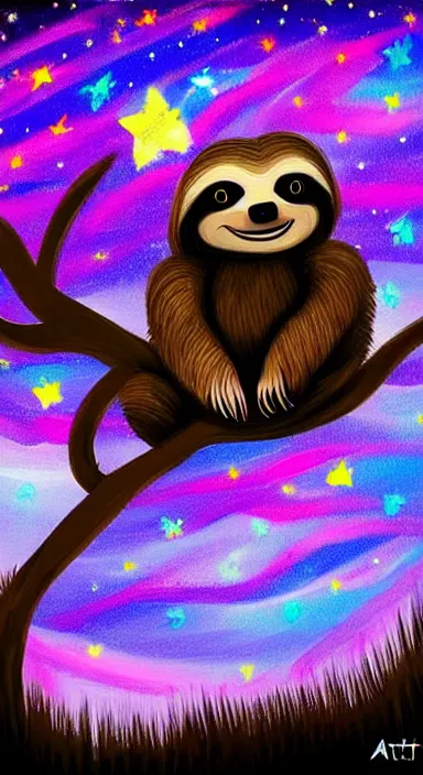Prompt: beautiful very dark night with many stars and clouds, a cute sloth on a tree!! with string lights, everything!! made of thick flowing dramatic paint brush strokes, stylish abstract impressionism, matte colors, trending on artstation