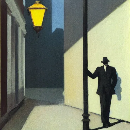 Image similar to man smoking cigarette in shadowy alley near street lamp, by edward hopper, full resolution