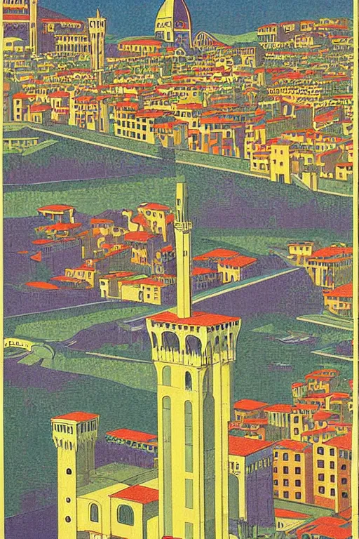 Prompt: resplendent art deco hi res print of Florence, Italy by Hasui Kawase and Lyonel Feininger