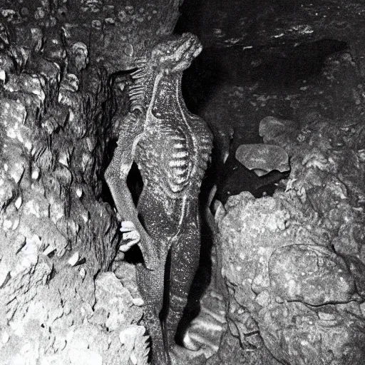 Image similar to photo inside a cavern of a humanoid with lizard skin and a mouth with sharp tooth and black eyes