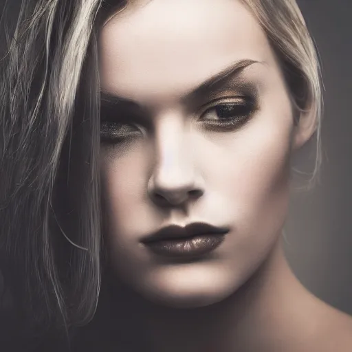 Prompt: high quality photo of a beautiful woman. moody and melanchony with accents of gray and gold.