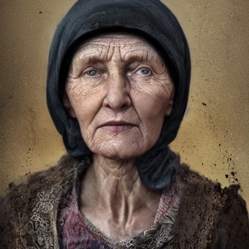 Image similar to hyperrealistic mixed media high resolution image of a Ukrainian grandmother, stunning 3d render inspired art by István Sándorfi and Greg Rutkowski and Unreal Engine, perfect symmetry, dim volumetric lighting, 8k octane beautifully detailed render, post-processing, extremely hyper-detailed, intricate, epic composition, highly detailed attributes, highly detailed atmosphere, full body shot, cinematic lighting, masterpiece, trending on artstation, very very detailed, masterpiece, stunning, flawless structure, lifelike texture, perfection,